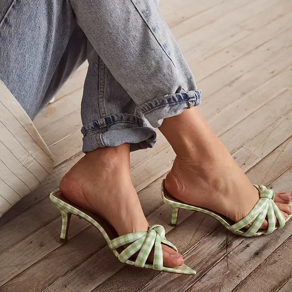 Free People by Vicenza "Evie" Green Gingham Pointed Kitten Heels | Size 8 | NEW - Picture 3 of 11